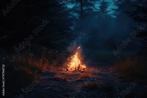 A bonfire illuminating a forest path at night  creating a guiding light through the darkness. 8k