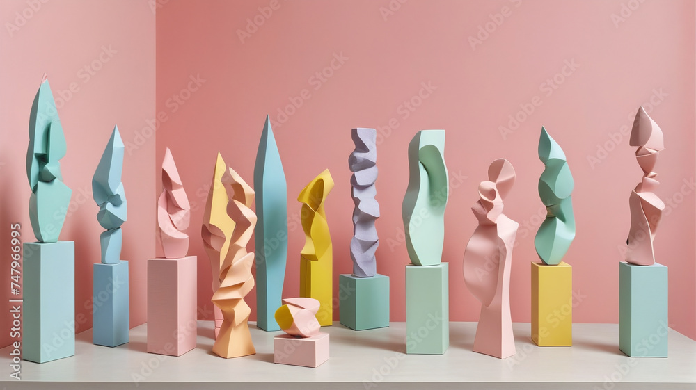 Conceptual art in a museum, pastel figurines., generative AI Conceptual art in a museum, pastel figurines., generative AI