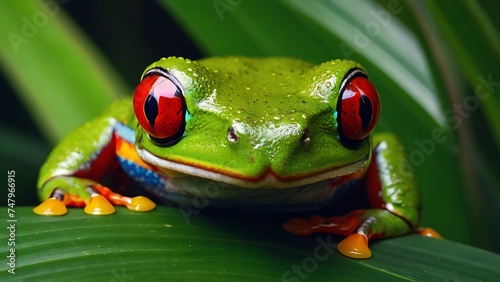 Colorful of red eye tree frog on the branches leaves of tree, close up scene, animal wildlife concept.