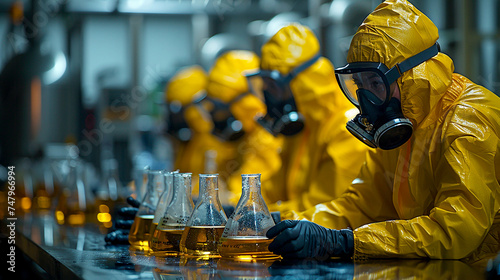 A group of scientists in protective suits in a scientific laboratory conducts dangerous experiments with chemical instruments and equipment. Innovation in the scientific world. Copy space