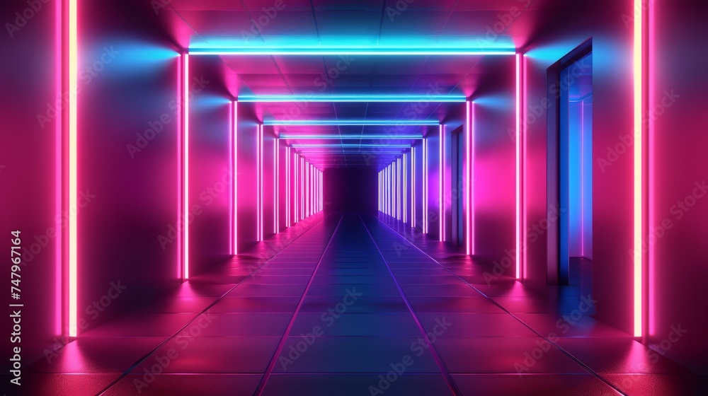 A digital illustration of a futuristic corridor bathed in vibrant neon lights, with a perspective that draws the eye towards infinity