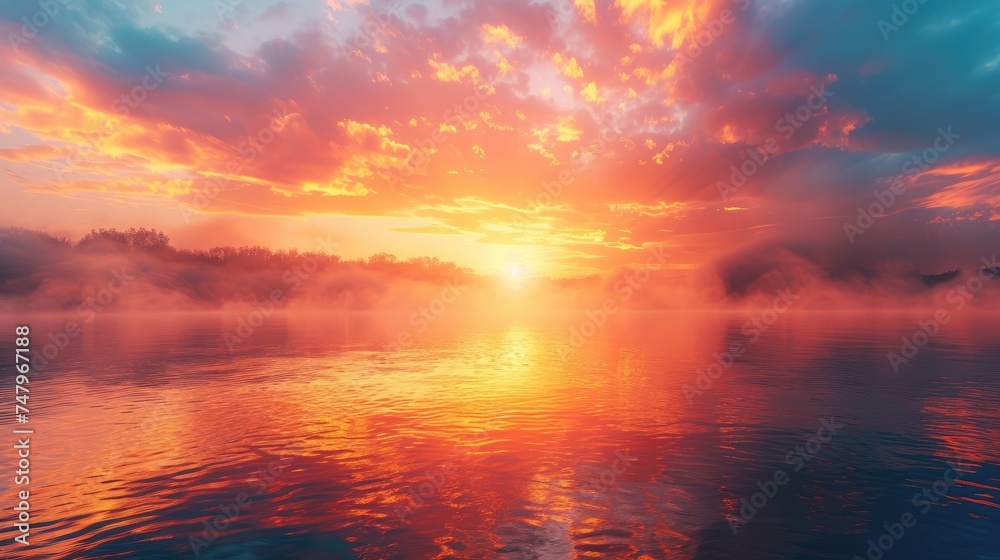 A breathtaking sunrise peering over a calm lake, with trails of fog gently floating above the water's surface, reflecting the warm colors of the morning sky. 8k