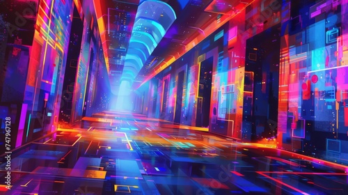 A digital illustration of a futuristic corridor bathed in vibrant neon lights, with a perspective that draws the eye towards infinity