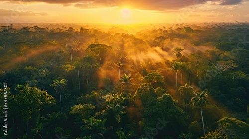 An amazing view of the forest canopy at dawn, as the first light of the day peeks through the thick underbrush and illuminates the vivid greenery with a golden hue.  © Muhammad