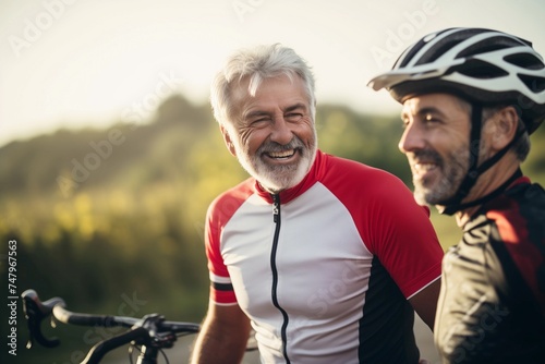 Senior cyclist riding a bicycle in nature with mature son. Portrait of a handsome father and son sportsmans.