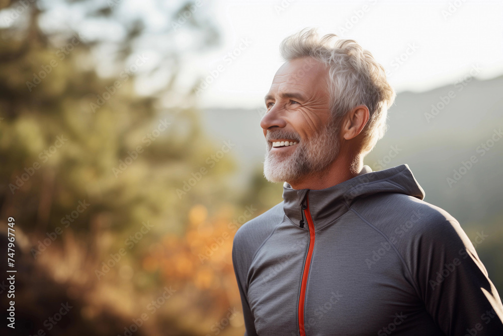 Senior runner jogging outdoors in nature, enjoying the warm weather and fresh air. Fit, active elderly man exercises regularly. Senior runner jogging outdoors in nature, enjoying the warm weather and fresh air. Fit, active elderly man exercises regularly.