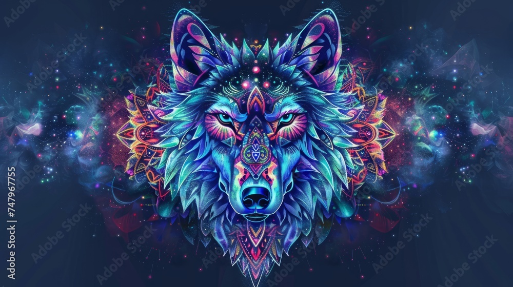 Psychedelic wolf head with symmetrical mandala shapes. Animal Totem, spiritual guide, mystical emblem of the shaman