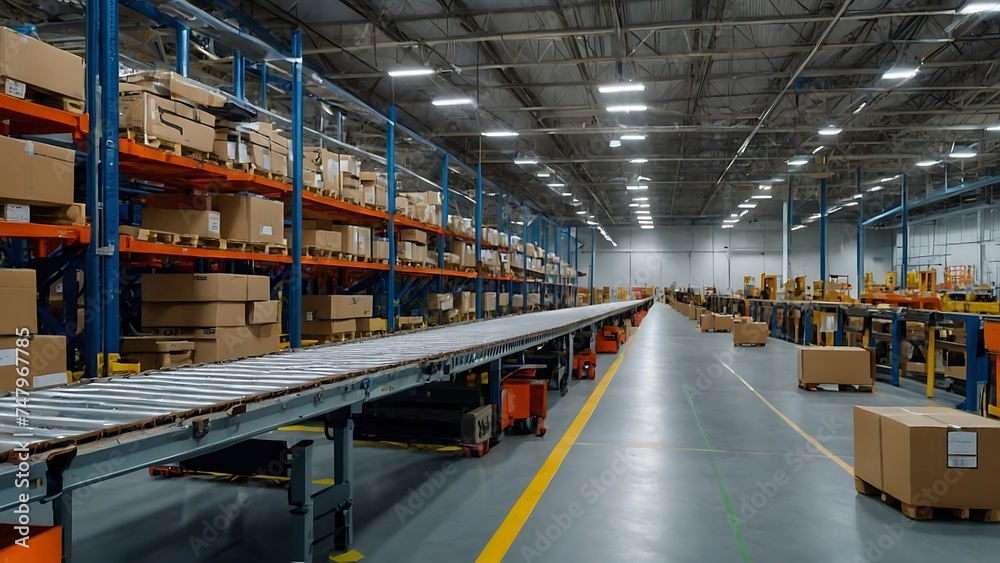 A modern warehouse with rows of shelves filled with boxes, and a conveyor belt running through the center. Efficient and organized space for storage and logistics. A modern warehouse with rows of shelves filled with boxes, and a conveyor belt running through the center. Efficient and organized space for storage and logistics.