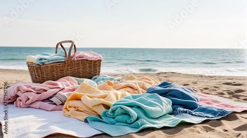  Picnic basket on the beach. Sea in the background, generative AI