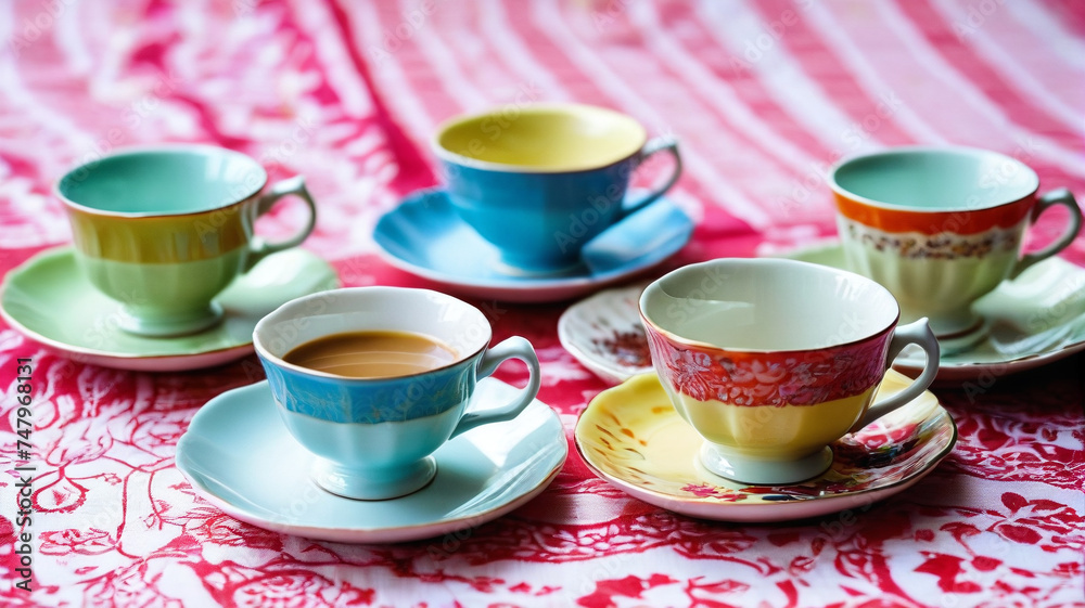Fototapeta premium Porcelain cups filled with delicious coffee. Pastel background. generative AI