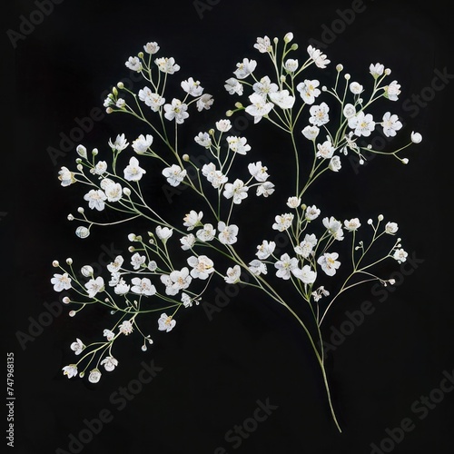 Watercolor, Gypsophila Flowers isolated on black background