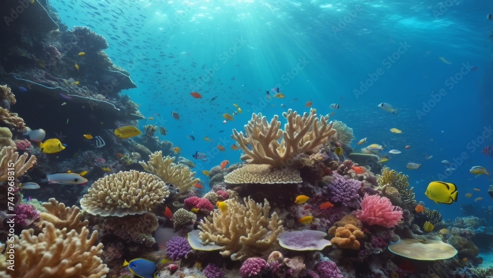 Naklejka premium Dreamy underwater scene with colorful coral reef teeming with marine life, peaceful serenity