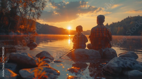 father and son sitting together on rocks fishing photo