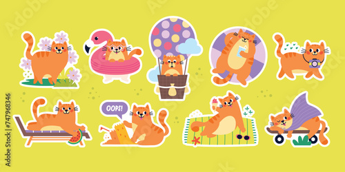 Stickers set of vector cute funny red cats on the beach. Happy cat characters with towel, swimming circle, flamingo, shark, sand castle, camera, sunglasses, cocktails, chaise longue.
