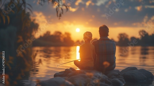 father and son sitting together on rocks fishing photo