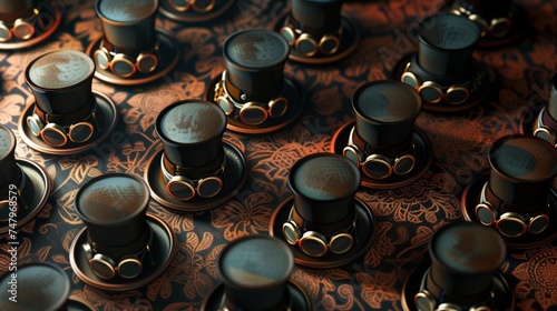 Victorian-style top hats and monocles arranged in a playful pattern against a background of rich mahogany.