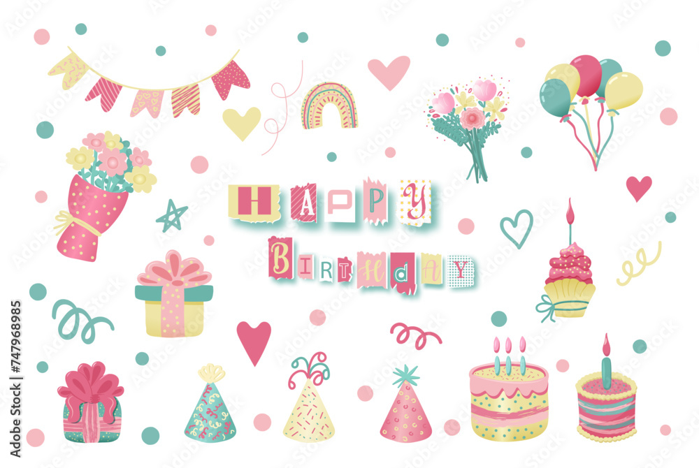 Set of various festive elements for a birthday party. Collection of simple and cute items for design. Vector hand drawn illustration. Magazine style letters