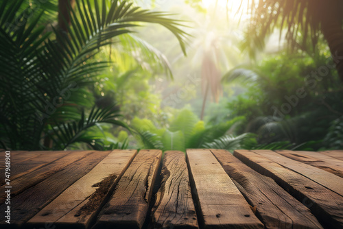 empty wooden table palm tree forest background. Generative AI