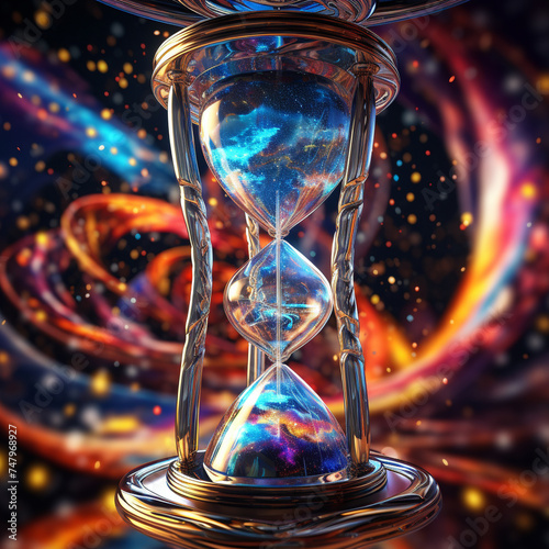 A universe and star in space swirling inside an hourglass