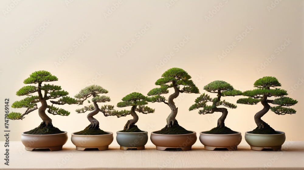 
Bonsai trees in a row against a pastel background, generative AI