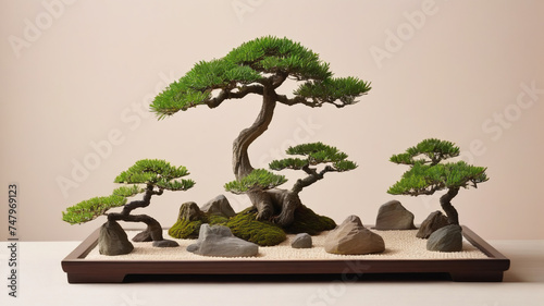 
Bonsai trees in a row against a pastel background, generative AI