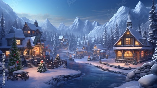 A picturesque village, created by AI, is nestled among the snow-covered hills, with cozy cabins and twinkling lights welcoming visitors, creating a heartwarming scene of winter life in the pristine wi © Imagination Ink