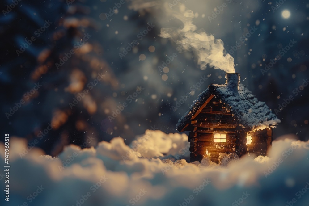 a close-up of a charming log cabin covered in thick blankets of new snow, with smoke softly rising from the chimney. - obrazy, fototapety, plakaty 