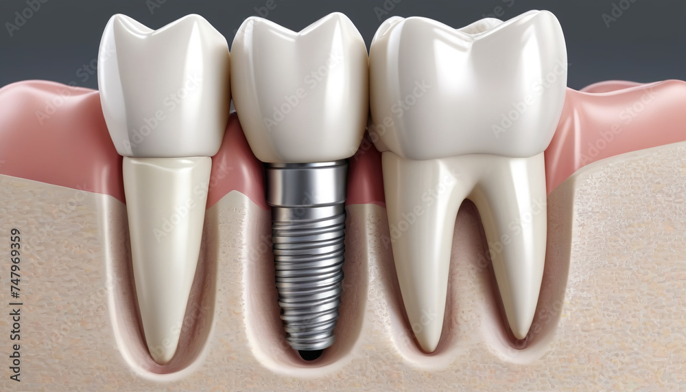 A detailed depiction of teeth with implants, illustrated with thick layers of paint to emphasize the precision and integration of the dental work. The scene captures the contrast between natural teeth A detailed depiction of teeth with implants, illustrated with thick layers of paint to emphasize the precision and integration of the dental work. The scene captures the contrast between natural teeth