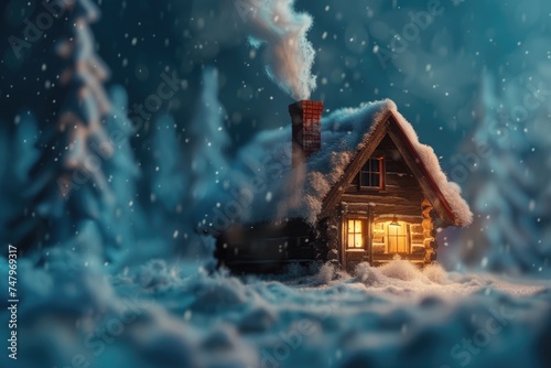 A close-up of a quaint log cabin with smoke gently rising from the chimney, surrounded by thick layers of fresh snow.