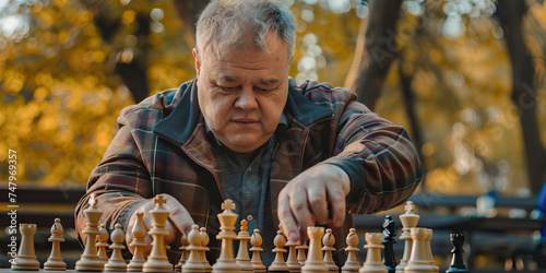 Elderly man with Down syndrome playing chess in the park. Learning Disability