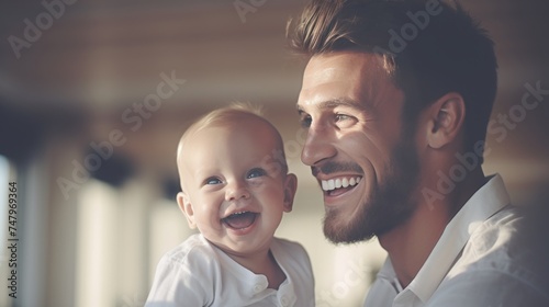 Heartwarming father and child bond in blurred white living room background with copy space for text. Happy fathers day
