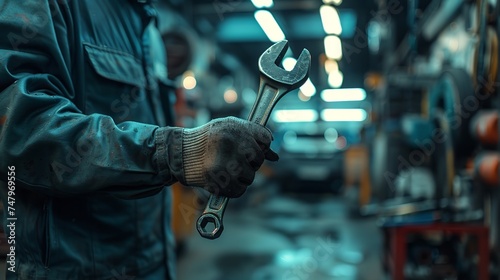 A auto mechanic standing closer to a garage, holding a wrench in his hands and space, Generative AI. photo