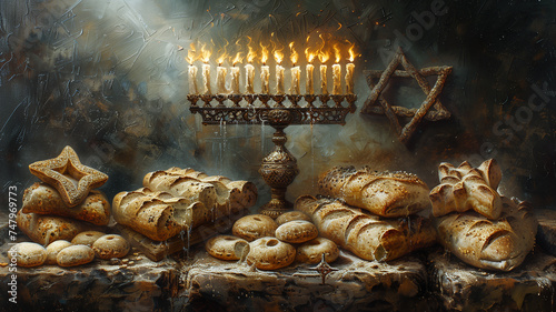 Illustration The menorah and lavash symbolize faith and abundance, uniting cultural traditions photo