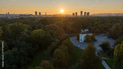 Drone Arial nature sunset view of the Prater Park,Vienna, Austria