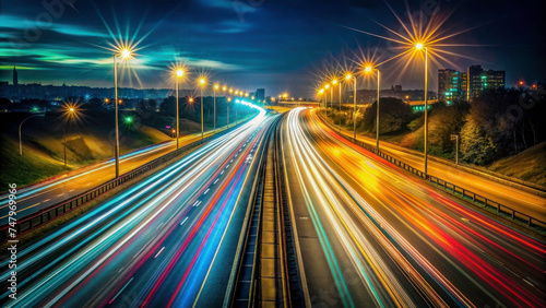 City Road Lights: Abstract Nighttime Highway Traffic with Motion Blur Effect