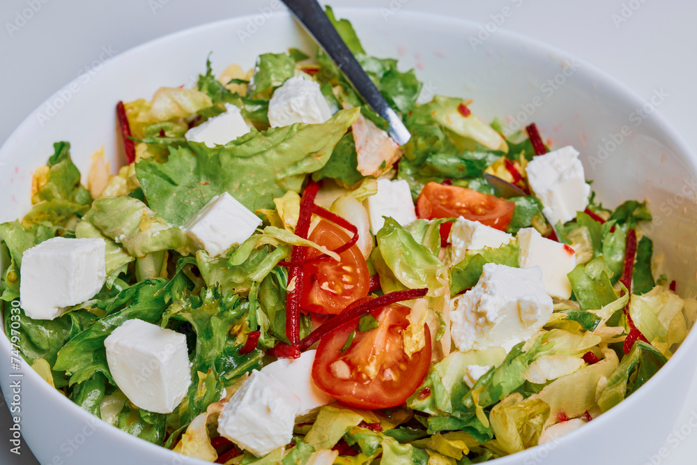 mixed green salad with tomatoes and cheese in a bowl. mixed green salad with tomatoes and cheese in a bowl.