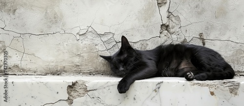 A black cat, likely a homeless stray, is peacefully napping on a ledge made of marble next to a wall. The cats sleek fur stands out against the neutral colors of the surroundings.