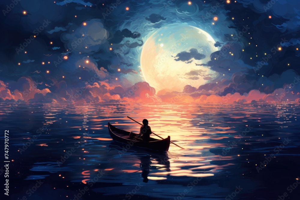 night scenery of a man rowing a boat