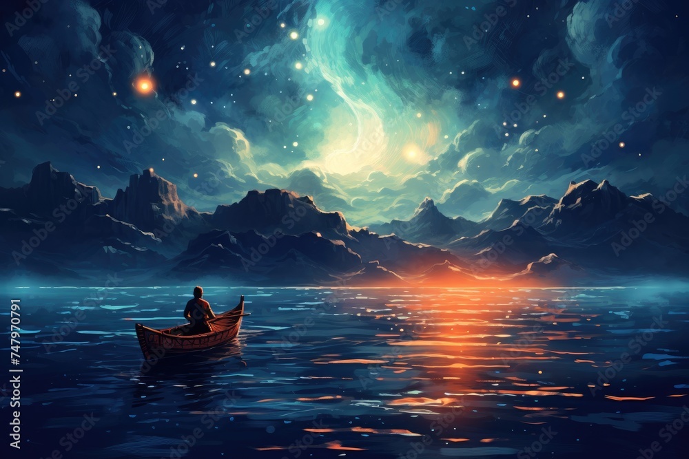 night scenery of a man rowing a boat - obrazy, fototapety, plakaty 