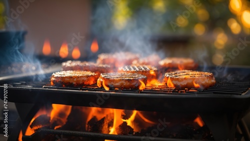 Meat on flames and smoke rise from a charcoal grill