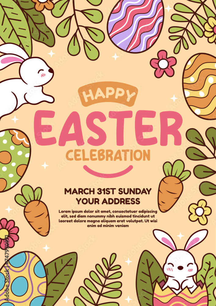 Fototapeta premium Happy easter vector poster template with colorful eggs, bunny, and flowers