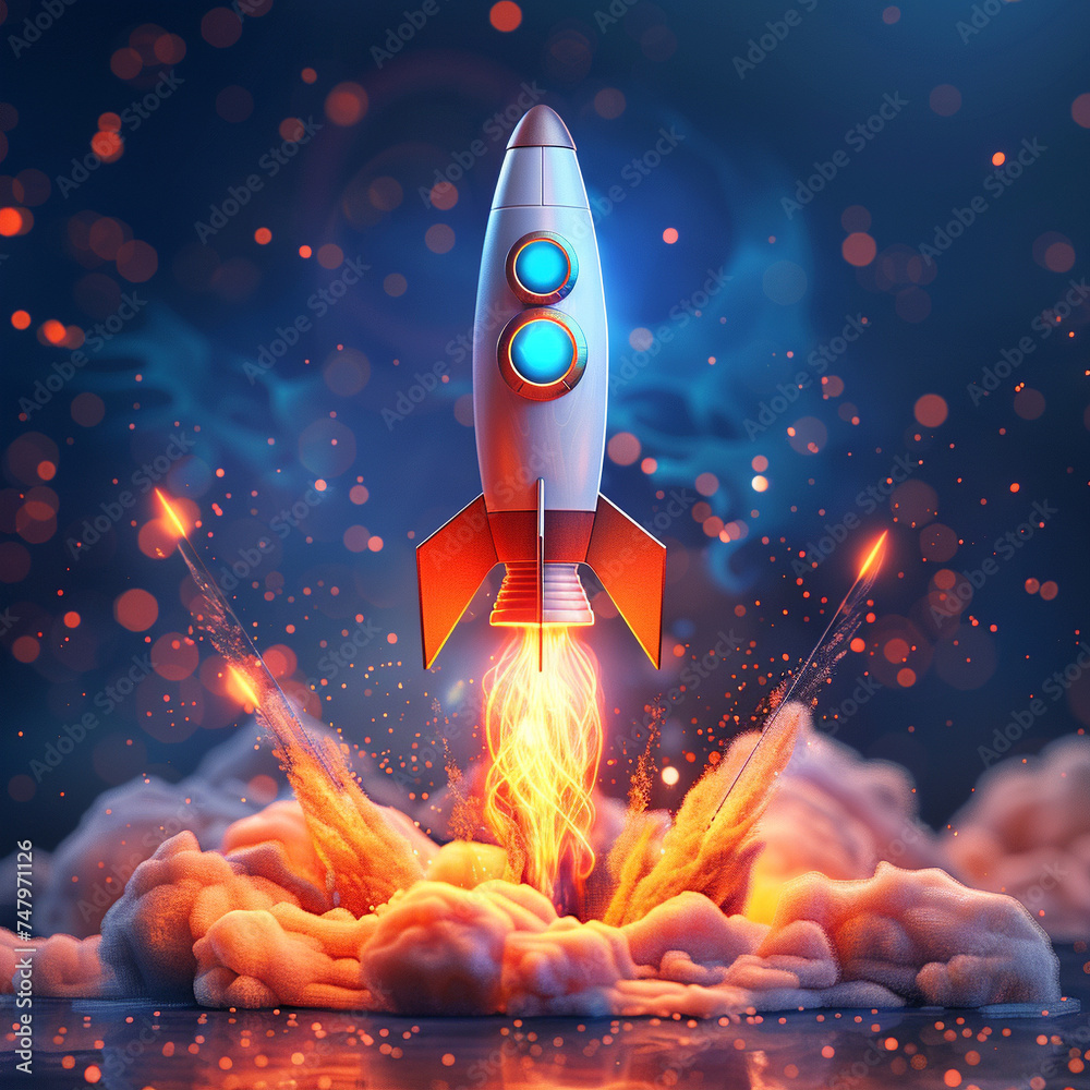 A rocket on blockchain launchpad fiery ascent with blue flame core