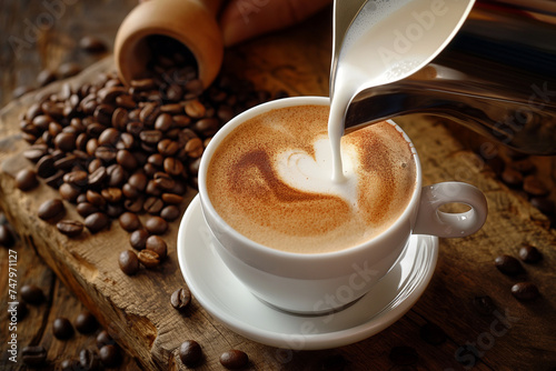 serving milk drawing a latte art heart on an appetizing cup of coffee on an old wooden board and perched coffee beans