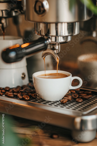 preparing an espresso coffee in a coffee machine. Vertical format