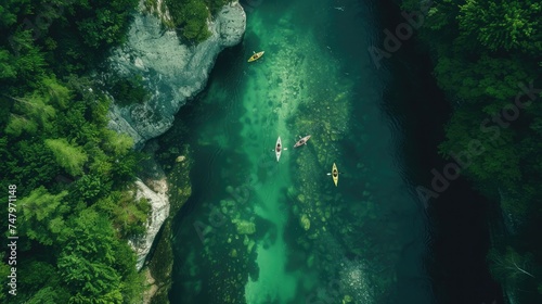 A group of kayakers navigating a river that winds through a deep, forested gorge, with rapids and clear, green water. 8k