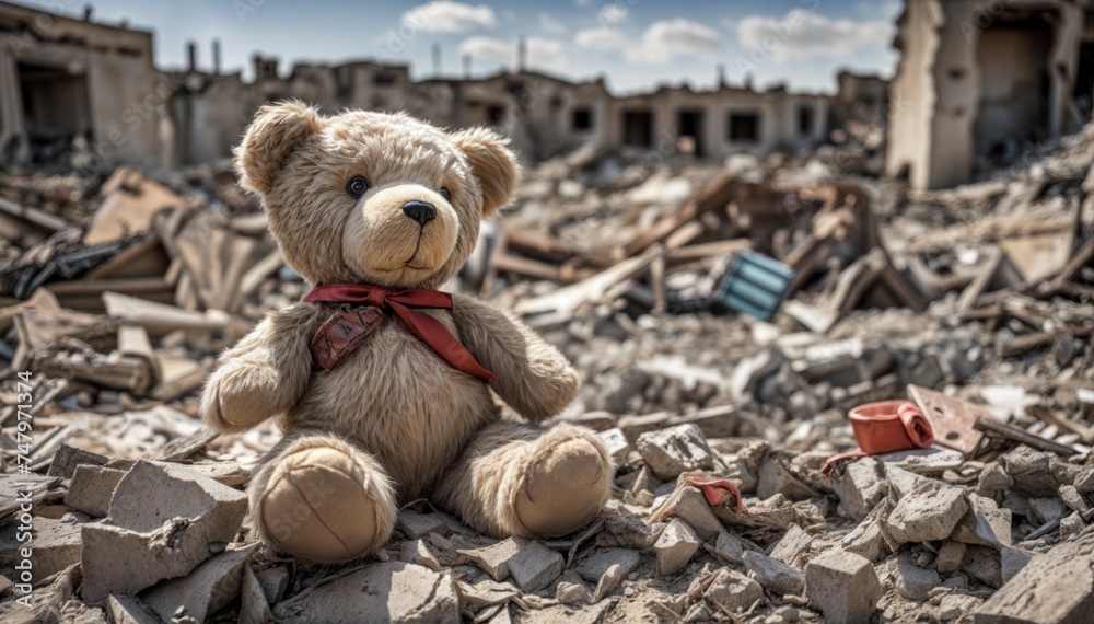 Amidst the ruins, a teddy bear holds vigil, a silent guardian watching over the aftermath with unwavering presence - obrazy, fototapety, plakaty 