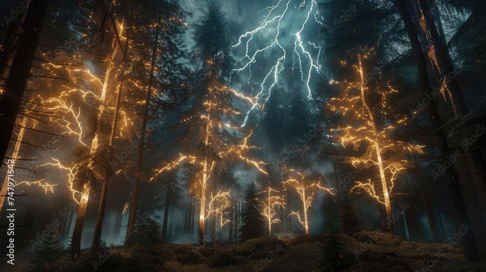 A dense, dark forest with towering trees, with lightning strikes creating a network of light that momentarily reveals the forest's mysterious depths. 8k