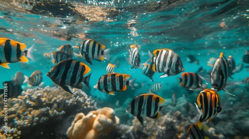 vue sous-marine d'un ban de poissons exotique dans les eaux peu profonde de la barrière de corail