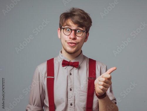a man wearing glasses and a bow tie pointing his finger