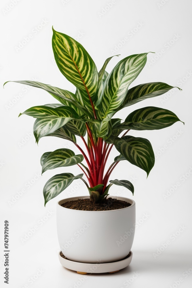 Isolate Chinese Evergreen plant against white wall, indoor plant decoration mock up Isolate Chinese Evergreen plant against white wall, indoor plant decoration mock up